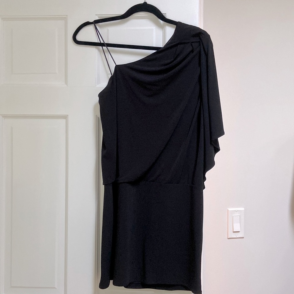 Black one shoulder evening dress with banded bottom